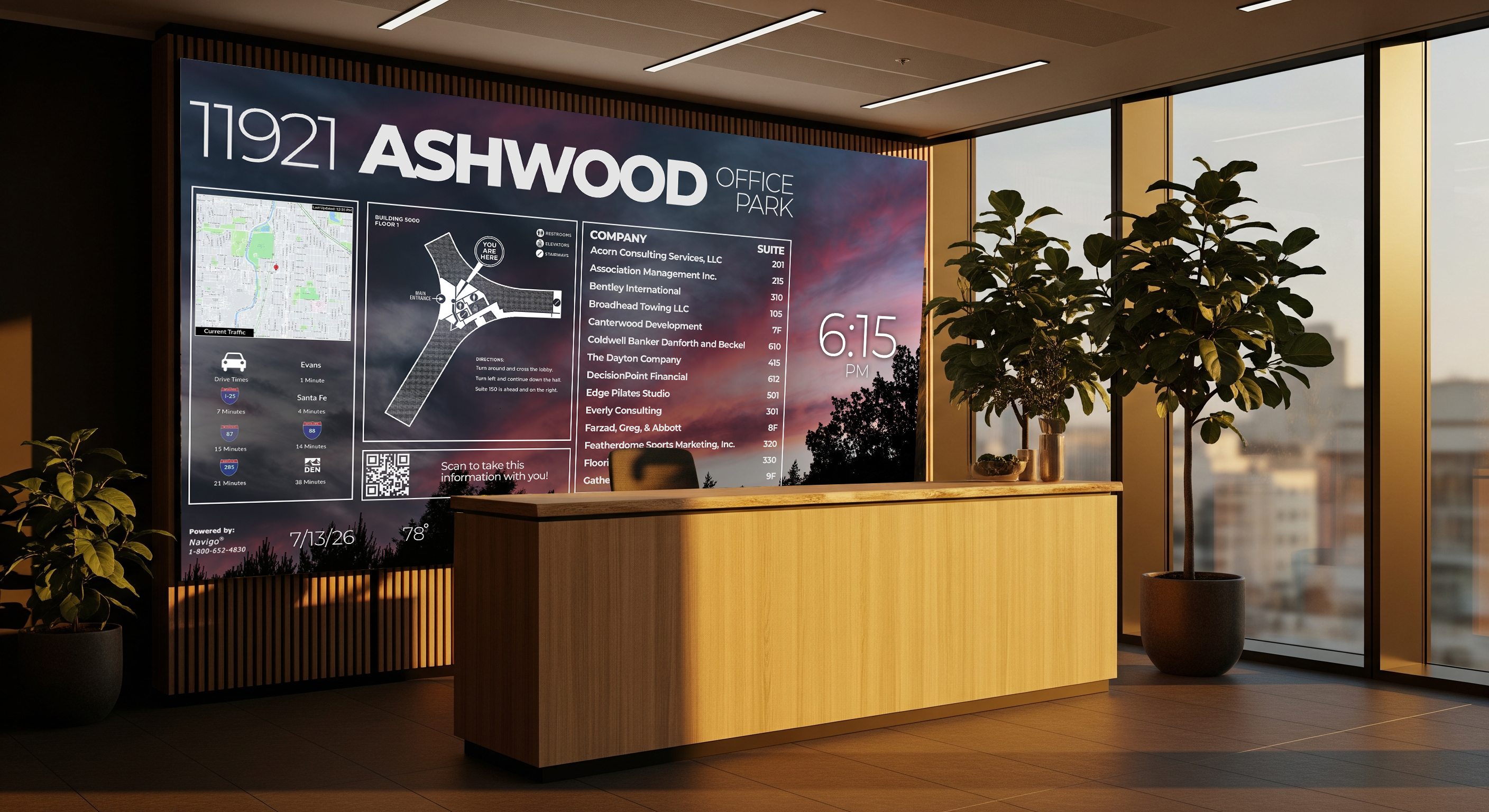 large digital sign in office lobby behind desk