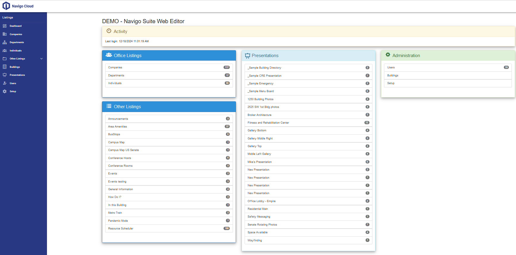 Navigo Cloud software dashboard