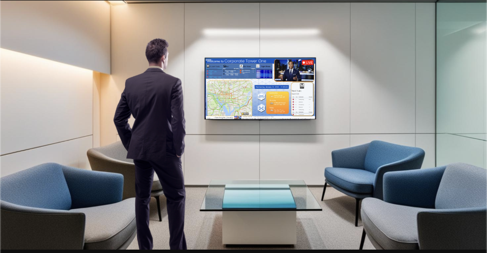 Office lobby with digital signage content for man to view