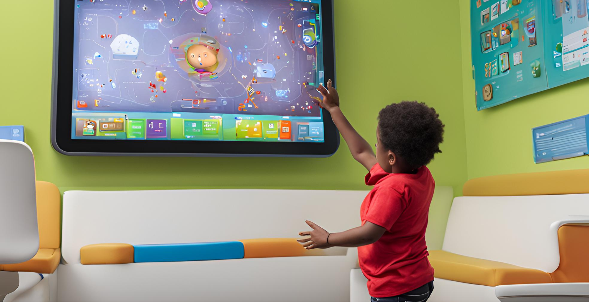 child interacting with digital signage in a pediatrician's waiting room
